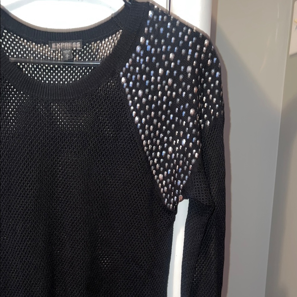 Express Black Fitted Blouse with 3/4 Sleeves and Embellished Shoulders - Picture 4 of 5